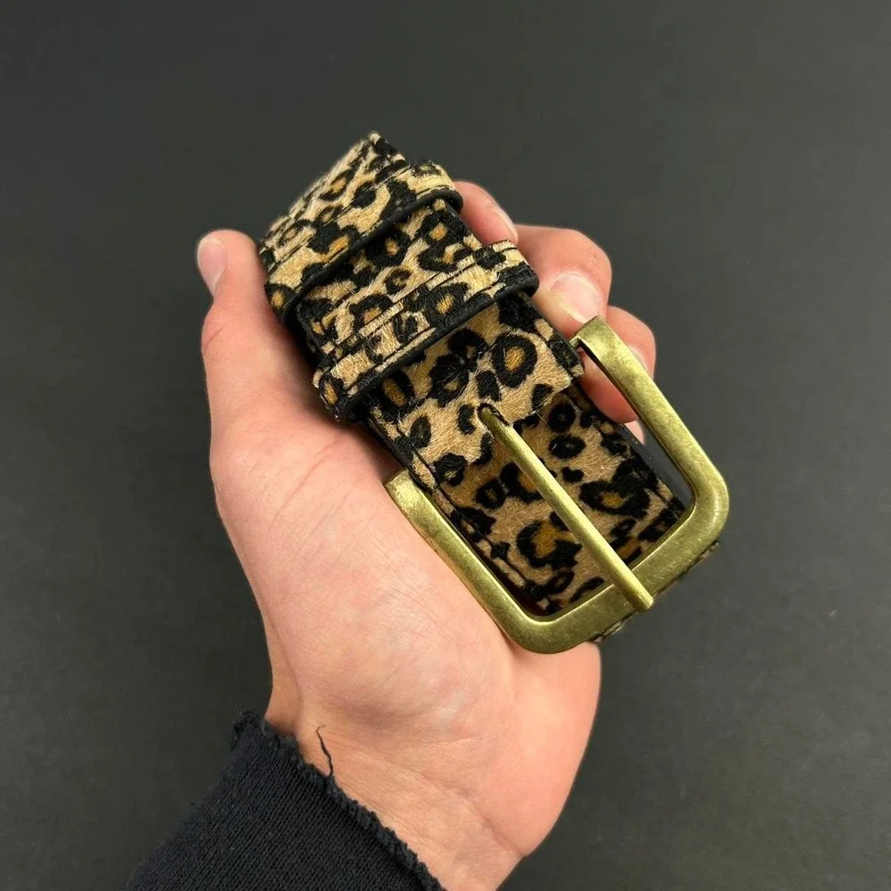 Vintage style cheetah leopard print fur belt american western boho black and tan
